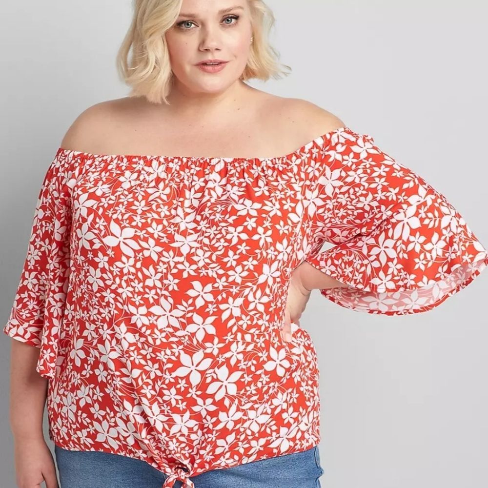 Lane Bryant Women's Red White Floral Off Shoulder Top with Tie Detail Size 14/16